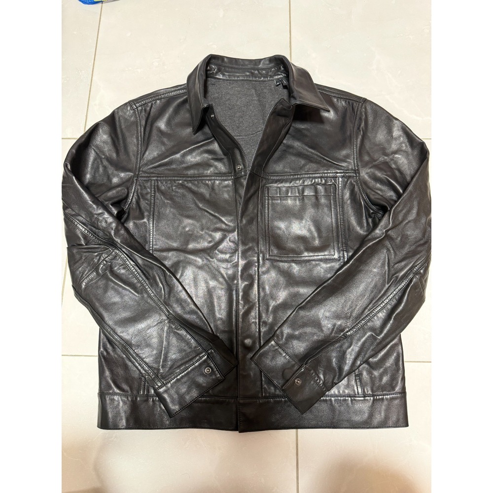Theory Men's Black Lambskin Leather Snap Trucker Jacket Size M AS IS